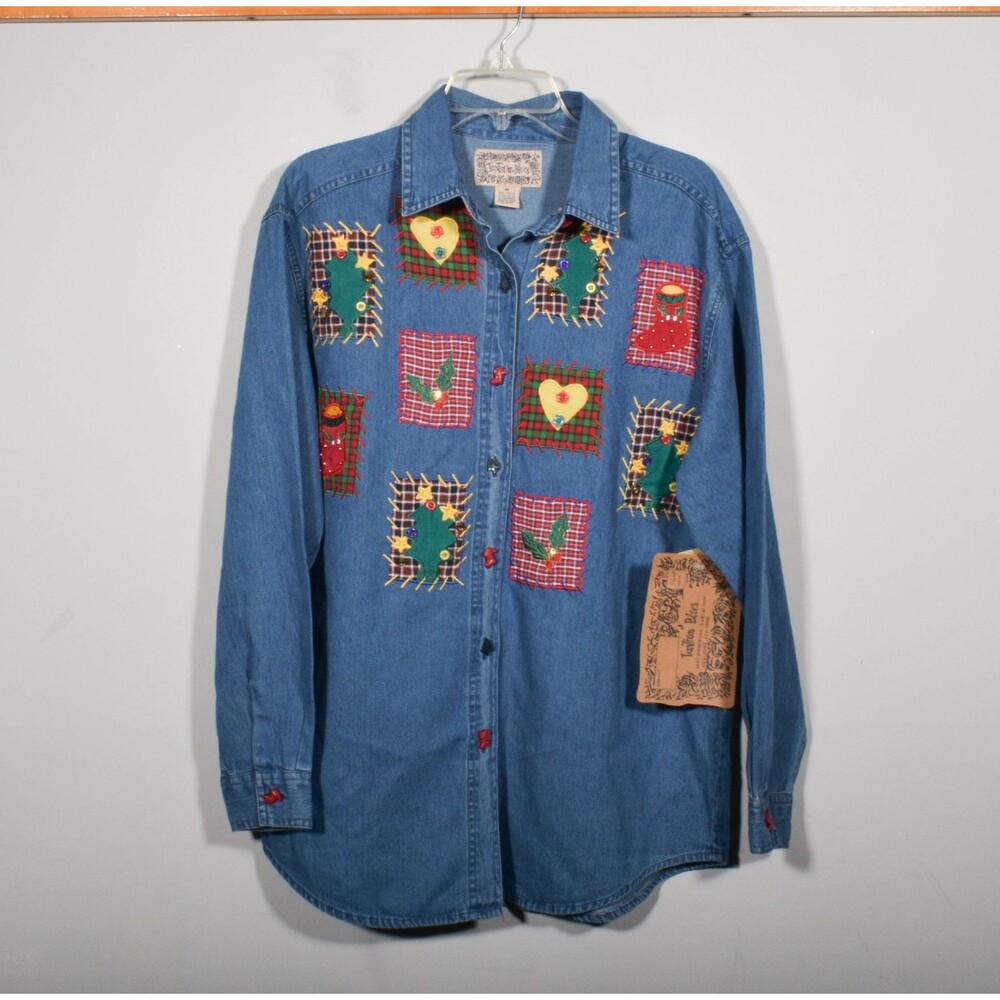 Vintage NWT Tantrum Blues Denim Button Up Christmas Patch Jingle Bell Shirt Sz M